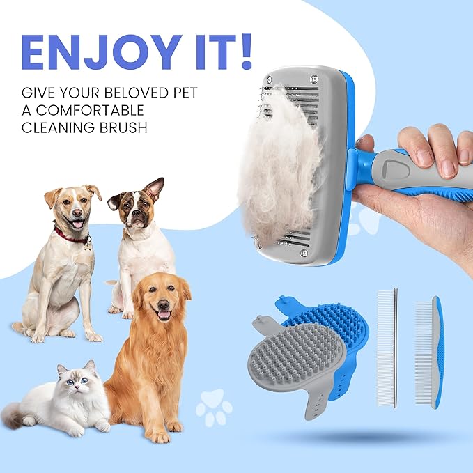 Self Cleaning Shedding Brush - 5-in-1 Professional Pet Grooming Kit Skin Friendly Grooming Tool for Dogs, Cats, and Puppies, Deshedding and Hair Removal for Long and Short Haired Pets(Blue-Grey)