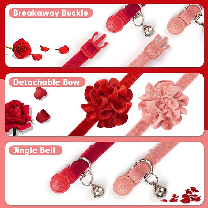 azuza 2 Pack Cat Collar Floral with Bell and Removable Flower Bowtie Breakaway Adjustable Velvet Fabric Cat Collar for Pets and Daily Decoration,Wine Red & Rose Pink