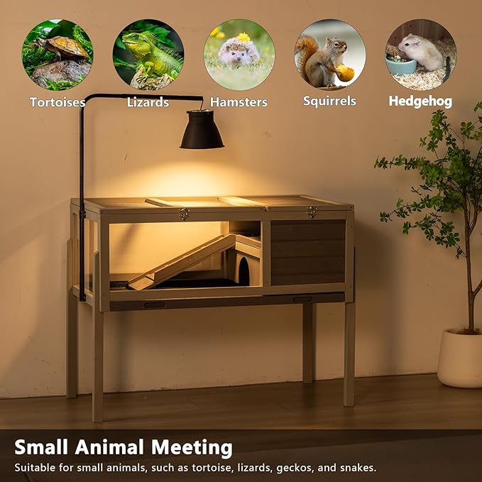 BIRASIL Wood Tortoise Enclosure with Adjustable Light Stand,2-Tier Habitat Reptile Cage with Feeding Area Swimming Area, Turtle House for Small Animals Lizards Hamster (Gray)