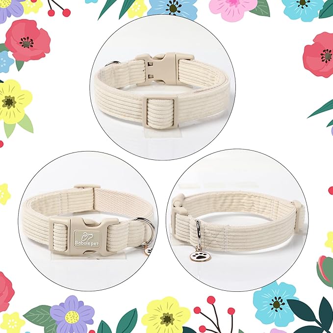 Cute Corduroy Dog Collar - White Adjustable Dog Collars for Large Dogs 50-80lbs, Fade-Proof with Secure Snap & Little Charm, Christmas Birthday Gift, L