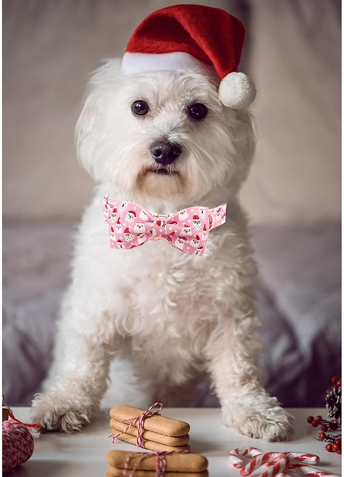 Dog Collar, Christmas Pink Santa Claus Cotton Pet Collar Bow Holiday Girl Boy Cute Puppy Collar Adjustable Pet Collar for Small Dogs