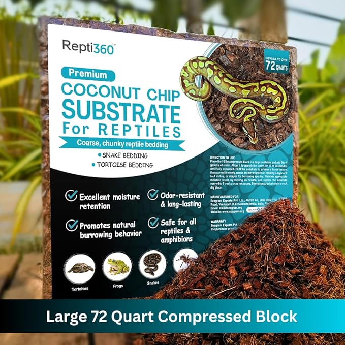 Premium Coconut Chip Substrate for Reptiles | 10 LB Compressed Block Expands to 72 Quarts | Natural Bedding for Ball Python, Tortoise, Bearded Dragon Habitats