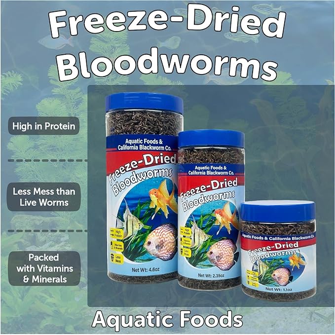 Aquatic Foods Inc. Bloodworms, Grade A Freeze Dried Floating Bloodworms for Cichlids, Discus, Goldfish, Bettas, Angel Fish, Marine Fish, 12-Type Pellet Mix & 4-Type Wafer Mix Included..4.6oz Canister