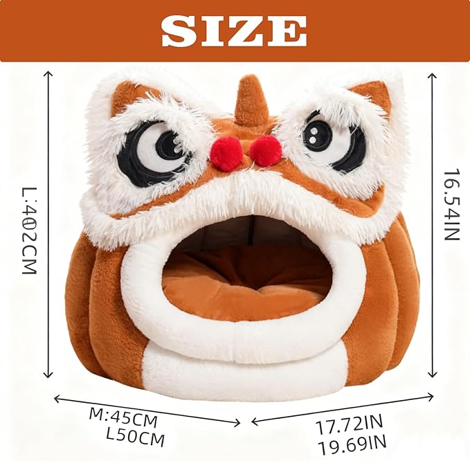 Cute Lion Head Pet Beds for Cats, Removable and Washable Winter Closed-Off Cat Bed, Soft Cozy Plush Cat House & Dog Cave with Cushion for Small Medium Cats Dogs, Semi-Enclosed Warm Nest (Brown, M)