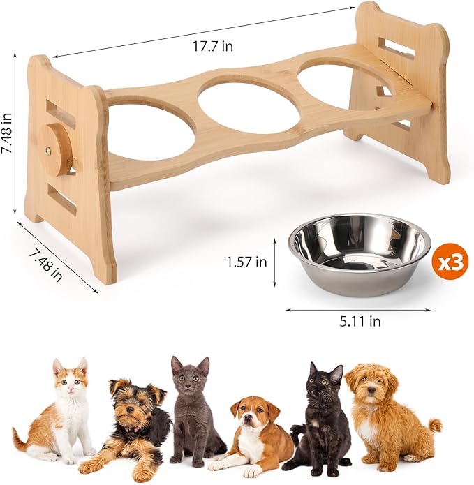 Elevated Cat Bowls15° Tilted Stainless Steel Elevated with Bamboo Stand - 3 Pots Raised Cat Bowls for Indoor Cats and Small for Indoor Cats with Anti-Overflow Design (Yellow)
