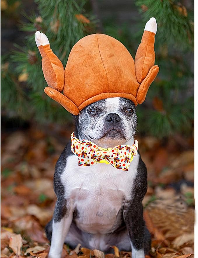 Thanksgiving Dog Collar, Turkey Dogs Collars Bow Tie Pet Collar Adjustable Pet Collars Premium Metal Buckle Autumn Leaf Necklace for Medium Dogs