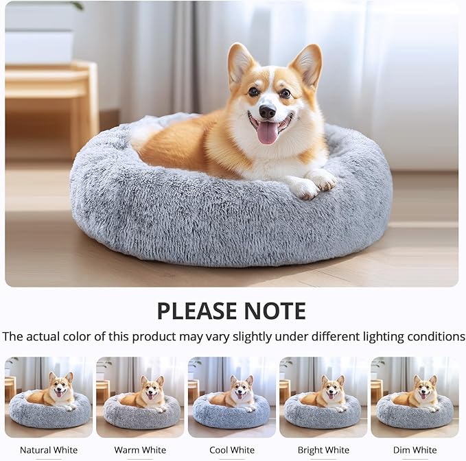JOLLYVOGUE Calming Dog & Cat Bed for Small Dogs, Anti-Anxiety Donut Cuddler Cozy Soft Round Bed with Anti-Slip Bottom, Fluffy Faux Fur Plush Cushion Beds for Small Dogs, 23"/Smoke Gray