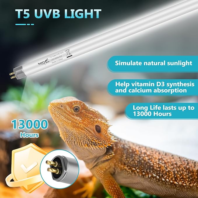 T5 UVB Reptile Light 8W 10.0 + UVA Light Bulb for Reptiles, 3-Pack Lamp Tube for Bearded Dragon, Desert-Grade Reptile UVB lamp Fixture