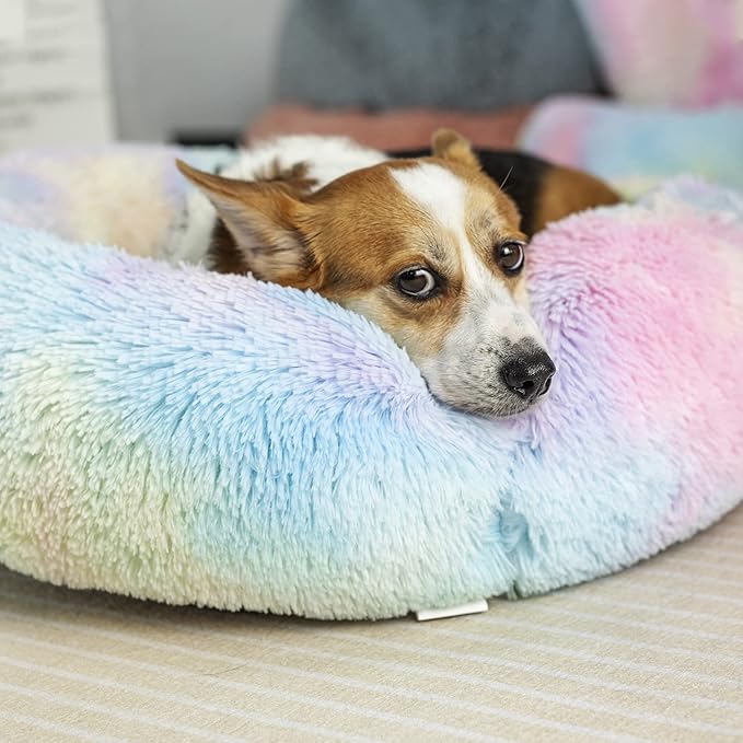 Anti Anxiety Round Fluffy Plush Faux Fur Warm Washable Dog Bed & Cat Bed, Original Bed for Small Medium Large Pets,Used to Relieve Joints and Improve Sleep(20"/24"/27'') (27", Rainbow)