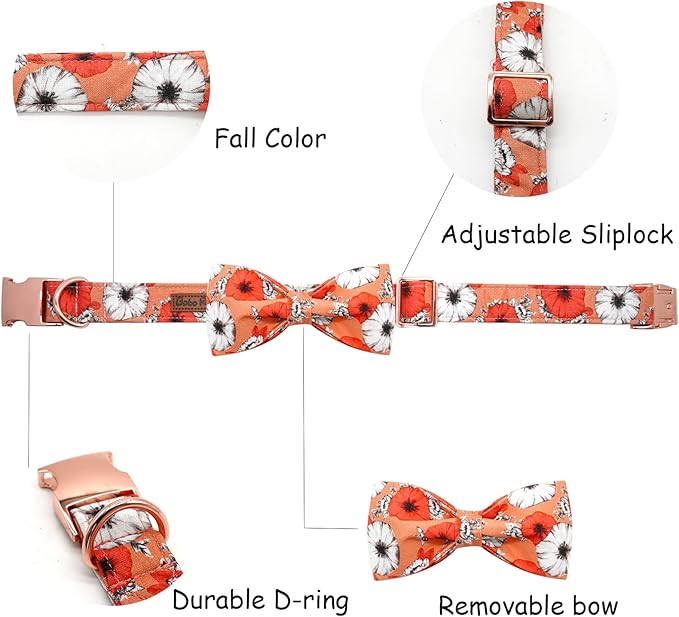 Fall Dog Collar, Pet Collar Bow Floral Pet Collar Girl Boy Holiday Pet Collars Gift Bow Cute Soft Puppy Collar for X-Large