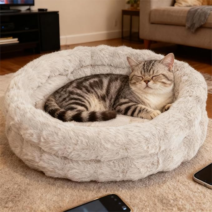 Cat Beds for Indoor Cats, Washable Round Beds for Small Dog and Cats, Soft Plush Faux Fur Removable Pet Bed for Puppy and Kitten, 24"x24"x7"