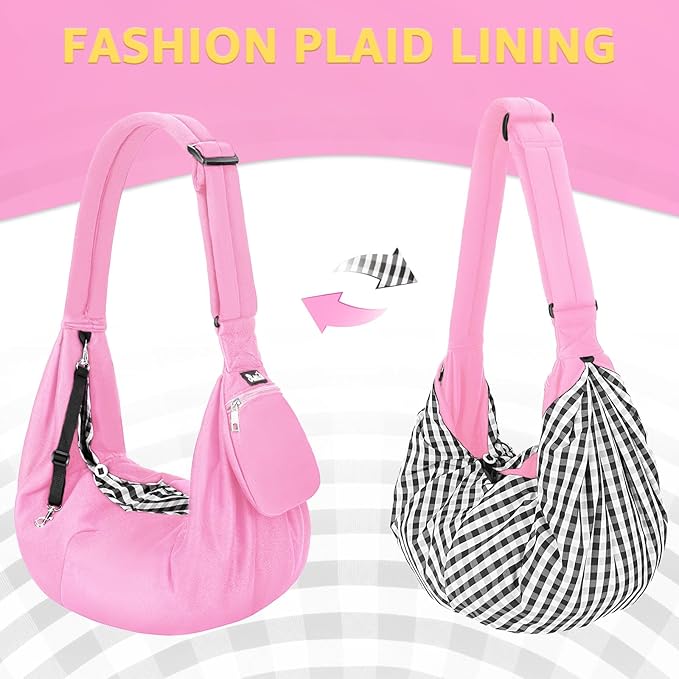 Lukovee Pet Sling, Hand Free Dog Sling Carrier Adjustable Padded Strap Tote Bag, Shoulder Bag with Safety Belt & Front Pocket for Small Dog Cat Puppy (Pink-WY,L)