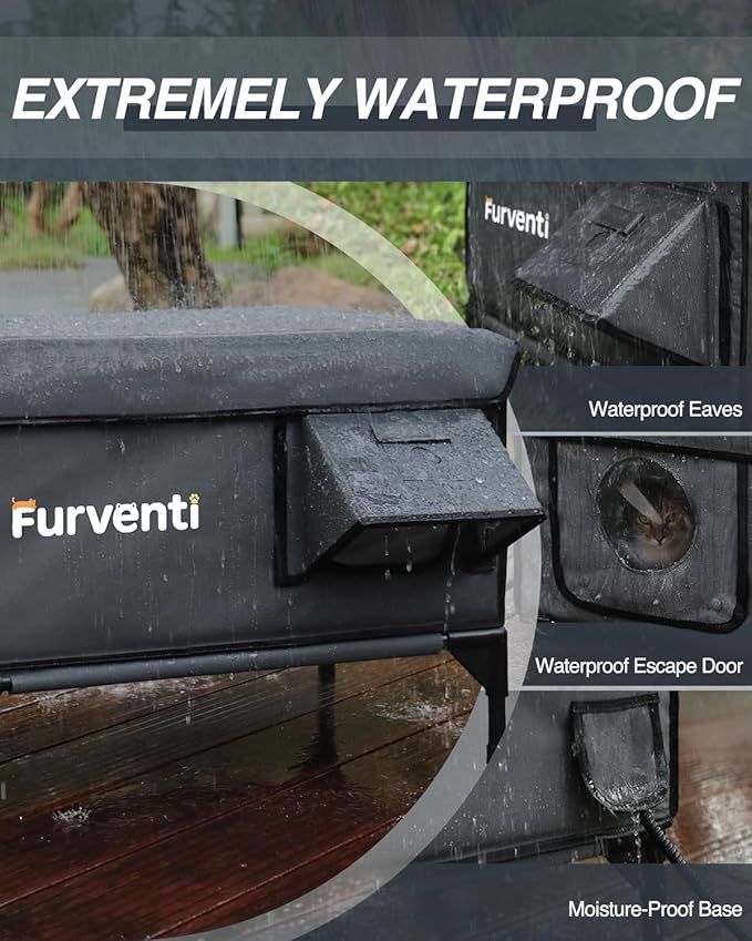 Outdoor Heated Cat House in Winter,Extremely Insulated & Weatherproof,Elevated Feral Cat Shelter with Waterproof Eaves & Escape Door for Outside Stray Barn Cat (Dark Grey,L.)