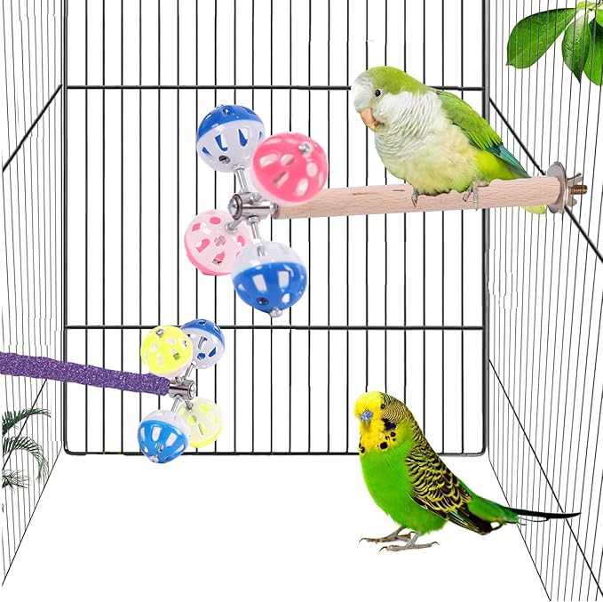 Perch Toy with Rotating Balls Suit for Small and Medium Birds, Budgies, Budgerigars, Parakeets, Parrots, Cockatiels, Parrotlets, Lovebirds, Ringnecks, Conures (Natural Pepper Wood, Purple/Yellow)