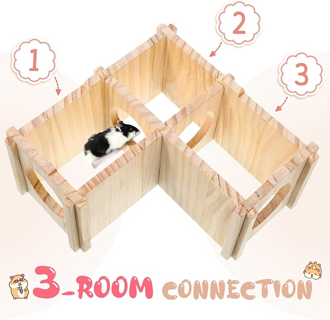 Wooden Hamster Hideout, Multi-Chamber Hamster House Maze, Hamsters Secret Peep Shed, Gerbils Chamber Hut with Ladder, Detachable Small Animals Cage Accessories for Small Animal