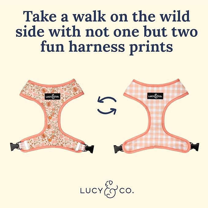 Lucy & Co. Cute Reversible Dog Harness Walking Halter - Best Designer Pet Harnesses for XS - XL Dogs - Padded Adjustable Vest for Easy Walking-Small-Peach Pink Floral Plaid