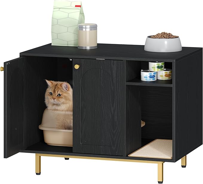 Cat Litter Box Enclosure Enclosed, Hidden Litter Box Cabinet Furniture with Storage, Wooden Indoor Cat House Large, Modern End Table for Living Room Entryway, Black and Gold CB01504G