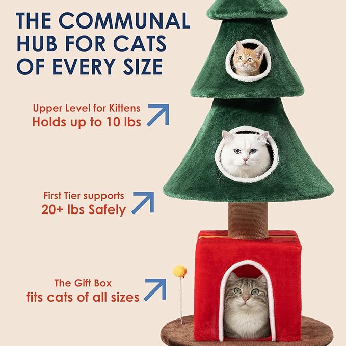 60" Tall Christmas Cat Tree with Three Entrances, Stable Christmas Cat Tower with Scratching Posts and Gift Box, for Indoor Cats (60" Tall)