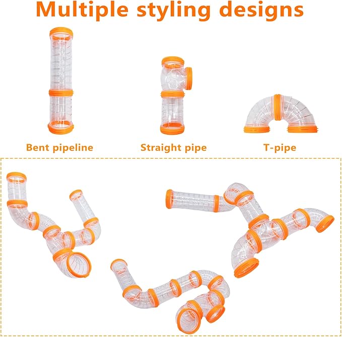8PCS Hamster Tunnel Tube DIY Assorted Toy Transparent Adventure Pipe Playground Excercise Set for Mouse Syrian Hamster Gerbil (Orange)