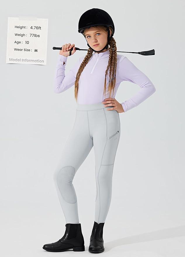 Willit Girls Horse Riding Pants Tights Kids Equestrian Breeches Knee-Patch Youth Schooling Tights Zipper Pockets