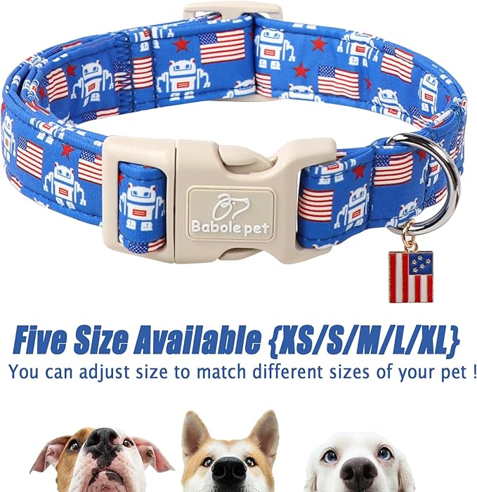 4th of July Dog Collar, Robot Star-Spangled Patriotic Dog Collars for Giant Large Dogs, Adjustable Lightweight Quick-Release Buckle Collar for Boy&Girl Dogs XL