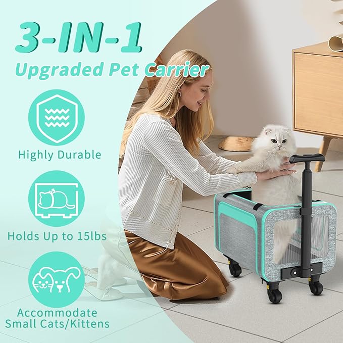Pet Carrier with Detachable Wheels, TSA Airline Approved Rolling Cat Carrier for Small Dogs and Cats up to 15Lbs, Sturdy Frame & Smooth 360° Wheels for Travel & Vet - 18" L x 11" W x 11"