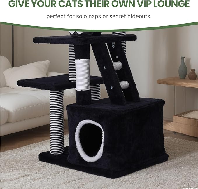 Cat Tree, 50.7in Multi-Level Cat Tower with Scratching Posts, Perch, Hammock and Hideaway condo, Indoor Cat Activity Center with Fun Cartoon Design, Black