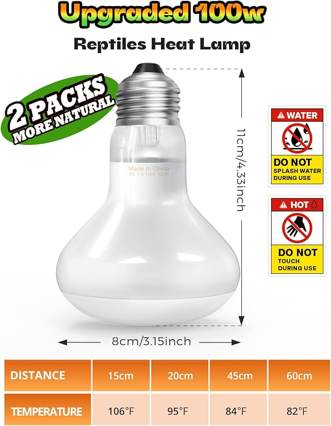 Reptile Heat Lamp, 2 Pack 100W Daylight Basking Light Bulb & Infrared Heat Lamp, Amphibians Basking Heat Lamp Bulbs, UVA Daylight Light for Reptiles, Bearded Dragon, Lizard