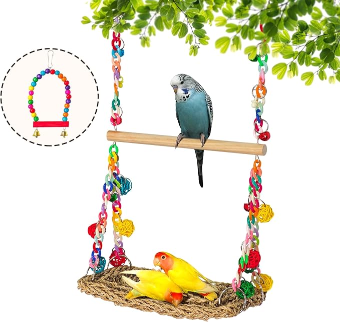 Natural Bird Swing Toys with Wood Perch,Double Layer Bird Seagrass Woven Climbing Hammock with Chewable Perch Stand Chewing Toy for Parakeets,Budgies,Conures,Cockatiels,Lovebirds