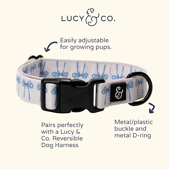 Lucy & Co. Dog Collar - Durable Lightweight Designer Collar for Pets - Adjustable Metal Safety Buckel - Medium - White with Blue Bows