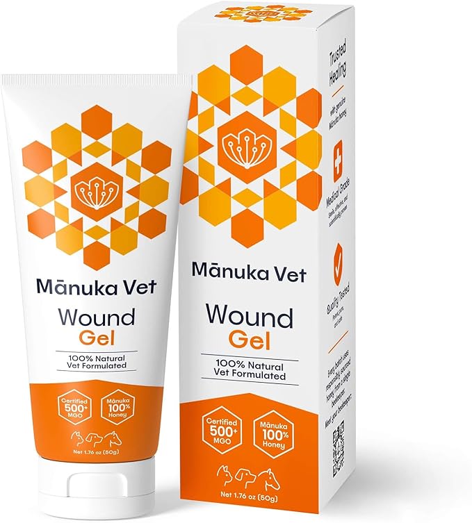 Manuka Vet Skin & Wound Gel, 500+ MGO Medical Grade Manuka Honey, Rapid Healing & Skin Repair Treatment for Dogs, Horses and Cats, 1.76oz (50g) Tube