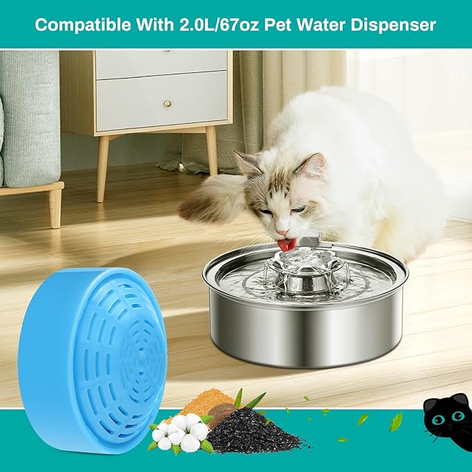 8-Pack Cat Water Fountain Replacement Filter for 2.0L/67oz Automatic Dog Water Dispenser, Activated Carbon Pet Fountain Filter for Stainless Steel 2.0L Automatic Circulating Pet Bowl