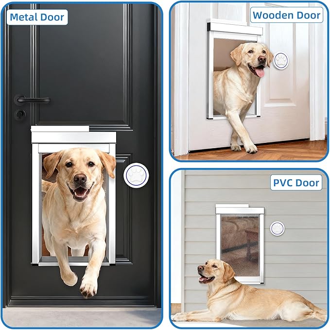 Automatic Dog Door with Doorbell Activation, 2-Flap Electronic Smart Pet Door with Anti-Pinch, No Collar Needed, Aluminum Lockable Weatherproof Telescoping Tunnel for Pets Up to 12 LB- S