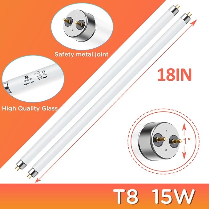 T8 UVB Reptile Light 15W 10.0-2 Pack,UVA UVB Light Bulb for Reptiles,Reptile UVB Lamp Tube for Bearded Dragon