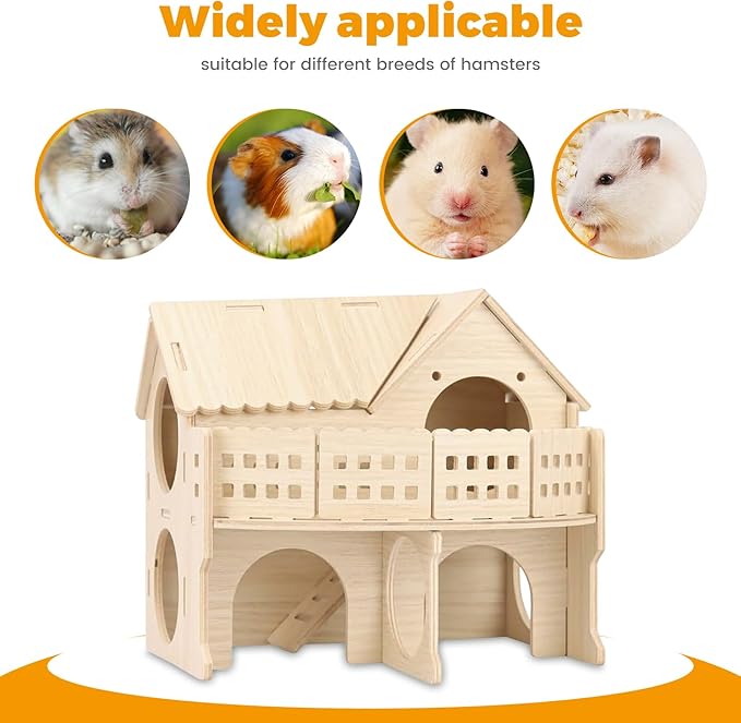 Wooden Dwarf Hamster House, Hamster Tiny House Hideout, Hamster Maze House, Large Balcony Lookout Holes, Easy to Assemble, Detachable Parts, Secure Hideaway, B