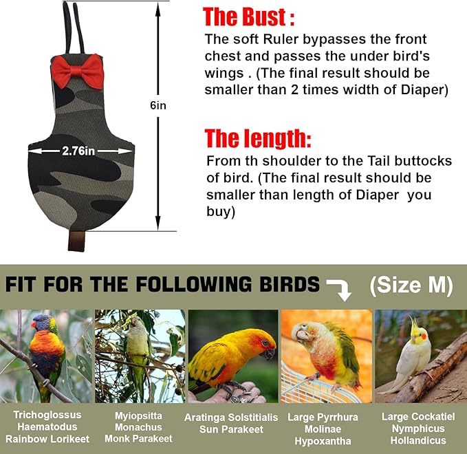 Bird Diaper Washable Reusable Parrot Flight Suit Nappies Protective Breathable Parrot Nappy Clothes for Parakeet, Macaw, Budgie, Canary, Cockatiel (Camouflage, Medium)