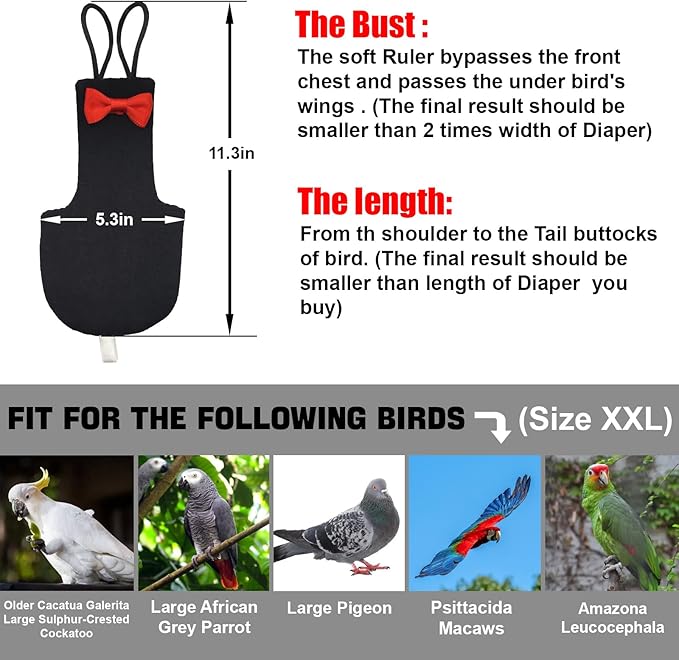Bird Diaper Washable Reusable Parrot Flight Suit Nappies Protective Breathable Parrot Nappy Clothes for Parakeet, Macaw, Budgie, Canary, Cockatiel (Black, XXL)