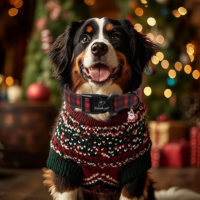 Christmas Dog Collar for Large Dogs - Vintage Red Green Tartan Christmas Collars for Dogs, Soft Adjustable Winter Holiday Dog Collars with Quick Release Buckle L