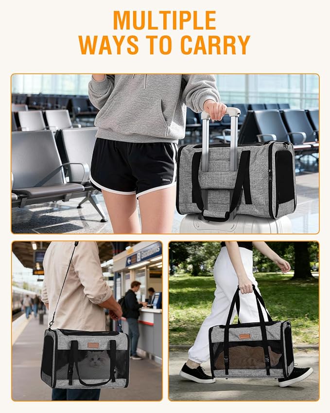 PETUX Large Pet Carrier for Large Cats & Small Dogs - Up to 20Lb, Top and Side Entry, 4 Side Breathable, Foldable Soft Cat Travel Carrier with Safety Car Seat Buckle and Anti-Scratch Mesh - Grey