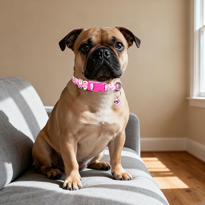 Puppy Collar with Bell,Nylon - Adjustable XXS/XS Tiny Dog & Cat Collar for Small Breeds,Soft Pink Collar with Quick-Release Buckle(Flowers XS)
