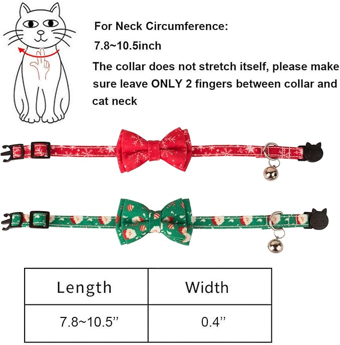 ADOGGYGO Christmas Cat Collar Breakaway with Bowtie Bell - 2 Pack Santa Snowflake Xmas Kitten Collar with Removable Bowtie Christmas Bow tie Collar for Kitten Cat