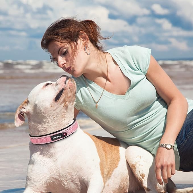 PetiFine Dog Collar for Large Dogs, Neoprene Padded and Adjustable, Reflective Wide Heavy Duty Pet Collars with Durable Metal Belt Buckle for Walking, Pink, XL