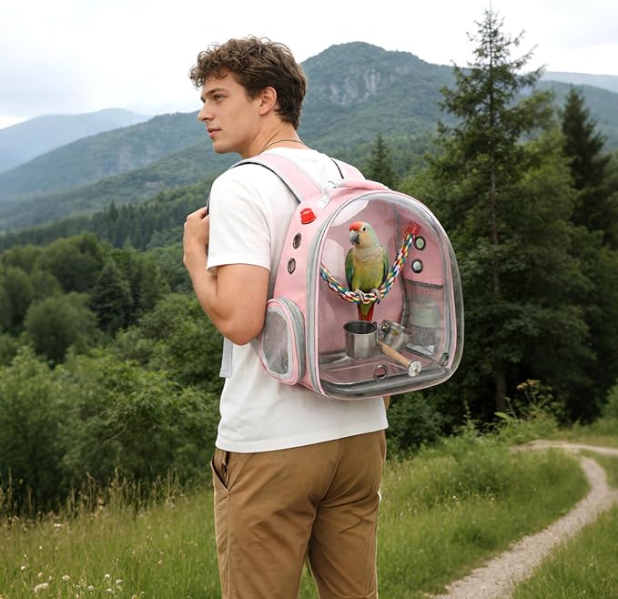 Rypet Bird Carrier Backpack Parrot Portable Breathable Bag Pet Bird Lightweight Travel Cage with Standing Perch and Stainless Steel Tray(Pink)