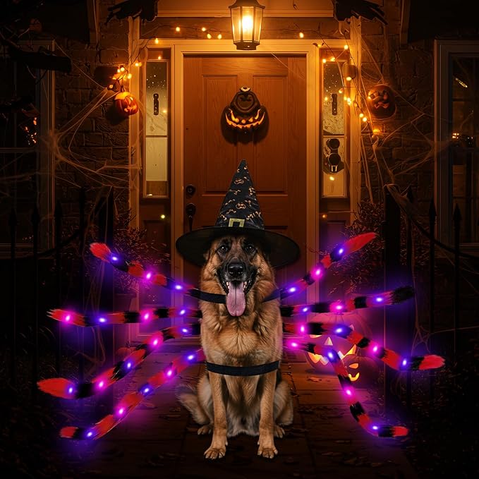 OurWarm Large Dog Halloween Costume, Dog Spider Costume with 64 LED Purple Lights, Furry Funny Halloween Costumes for Large Dogs Pets Clothes Puppy Outfits Cosplay Halloween Party Decor