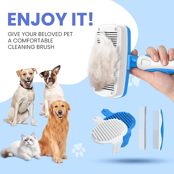 Self Cleaning Shedding Brush - 5-in-1 Professional Pet Grooming Kit Skin Friendly Grooming Tool for Dogs, Cats, and Puppies, Deshedding and Hair Removal for Long and Short Haired Pets(Blue-White)