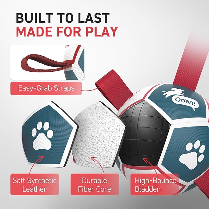 QDAN Small Dog Toys, Outdoor Indoor Toys to Keep Them Busy, Soccer Ball with Straps, Puppy Birthday Gifts, Dog Water Toy, Durable Puppy Balls(5 Inch)