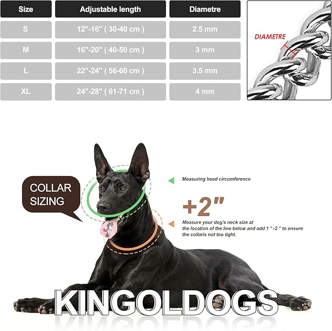Dog Choke Martingale Collar, Silver Dog Chain Collar Stainless Steel Metal, Silver Dog Collar Adjustable Walking Chew Proof Double Row for Large Small Medium Dogs XL 26'' -28''