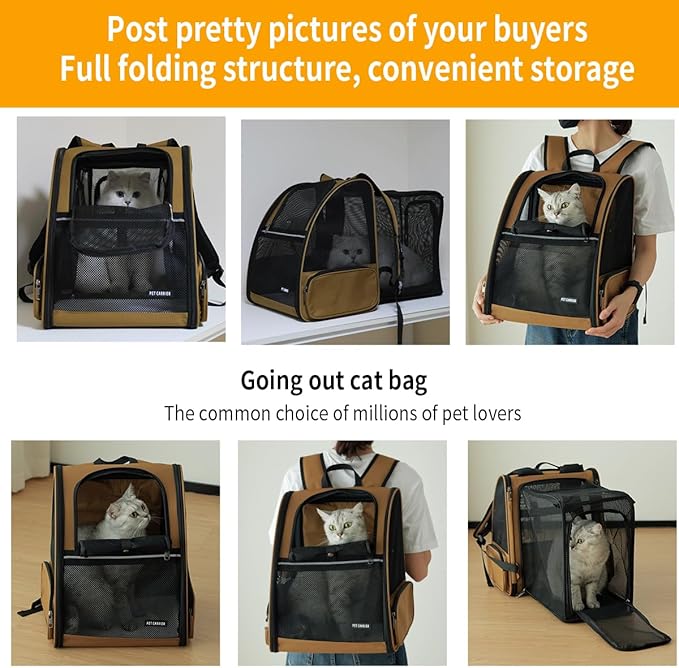 Cat Backpack,Expandable Cat Carrier Backpack, Dog Backpack Carrier and Pet Carrier Backpack, Suitable for Cats, Dogs Kitten or Small Dogs, Travel Friendly Puppy Cats Bag (Brown)