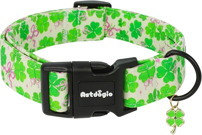 St. Patrick's Day Dog Collar, Cute Dog Collars with Green Clover, Adjustable Cotton Pet Collars for Small Medium Large Dogs, Ideal for Puppy Girl Boy Female Male Dogs Gifts-L