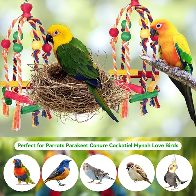 2PCS Dangly Rope Bird Toys,Medium and Small Birds Toys Multicolored Natural Wooden Bird Chewing Bird Cage Accessories for Parakeet Parrot Conure Cockatiel Budgies Lovebird Cage Toy